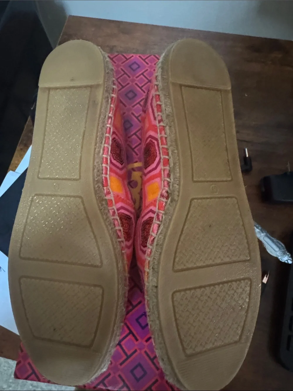 Tory Burch Coral and Yellow Sequin Geometric Espadrille Flats